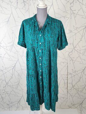 Zudio Green Tribal Art Print Button Front Tiered Shirt Dress